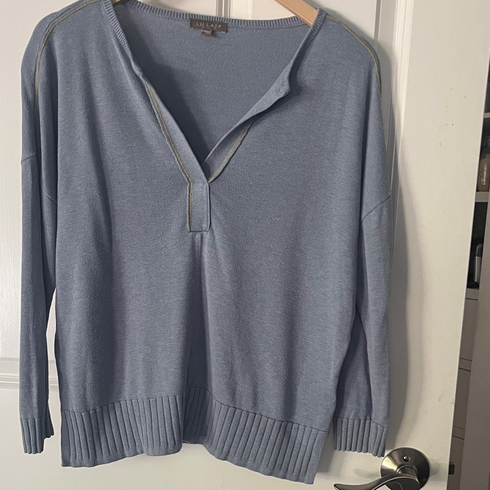Lilla P Blue Oversized V-Neck Sweater with Yellow Stitching Sz small